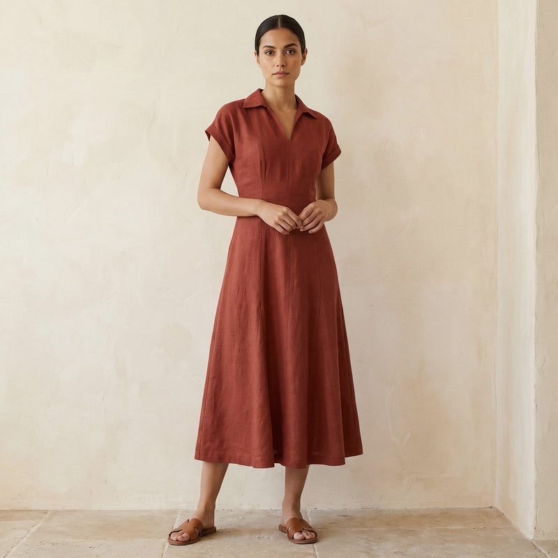 Brick Red Cotton Paneled A-Line Midi Dress 28