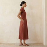 Brick Red Cotton Paneled A-Line Midi Dress