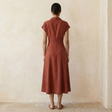 Brick Red Cotton Paneled A-Line Midi Dress