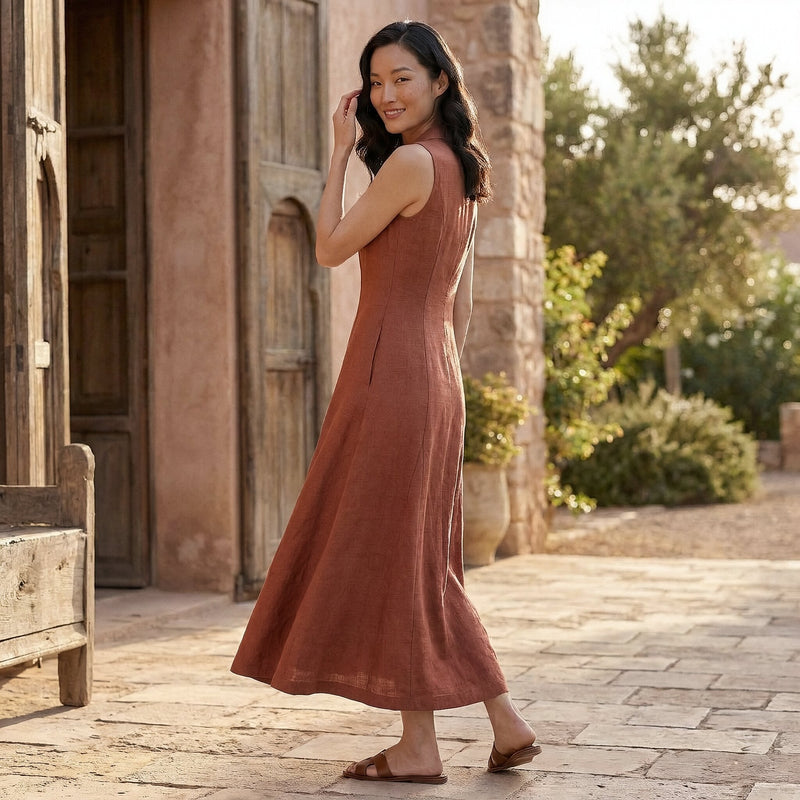Buy Brick Red Cotton Paneled Sleeveless Maxi Dress Online at SeamsFriendly