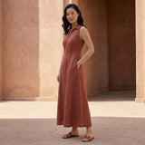 Brick Red Cotton Paneled Sleeveless Maxi Dress