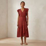 Brick Red Cotton Ruffle Midi Wrap Dress