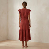Brick Red Cotton Ruffle Midi Wrap Dress