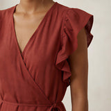 Brick Red Cotton Ruffle Midi Wrap Dress
