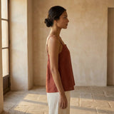 Brick Red Cotton Spaghetti Strap Top with Elastic Gathered Back