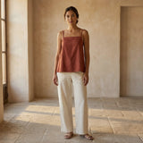 Brick Red Cotton Spaghetti Strap Top with Elastic Gathered Back