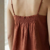 Brick Red Cotton Spaghetti Strap Top with Elastic Gathered Back