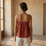 Brick Red Cotton Spaghetti Strap Top with Elastic Gathered Back
