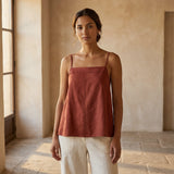 Brick Red Cotton Spaghetti Strap Top with Elastic Gathered Back