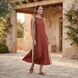 Brick Red Cotton Wavy Stripe Maxi Shift Dress
