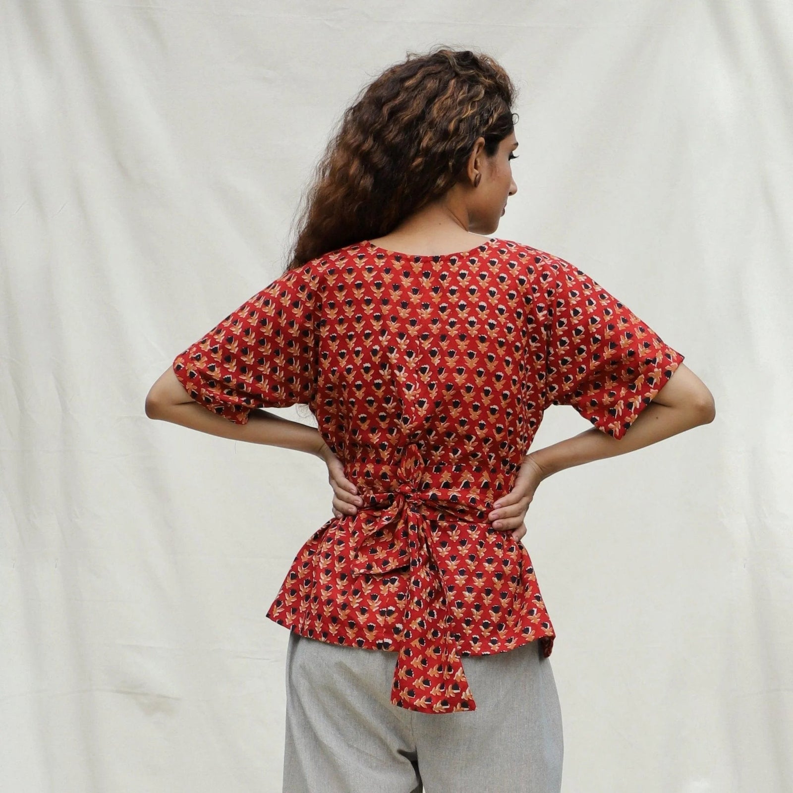 Brick Red Floral Block Printed Cotton Peplum Top