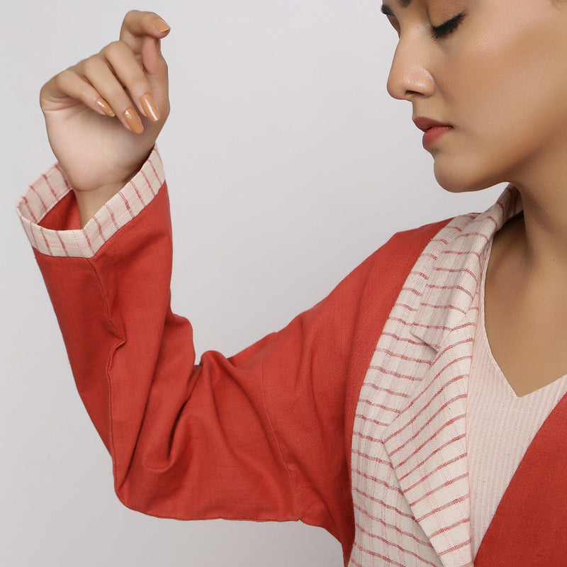 Front Detail of a Model wearing Vegetable Dyed Cotton Paneled Outerwear