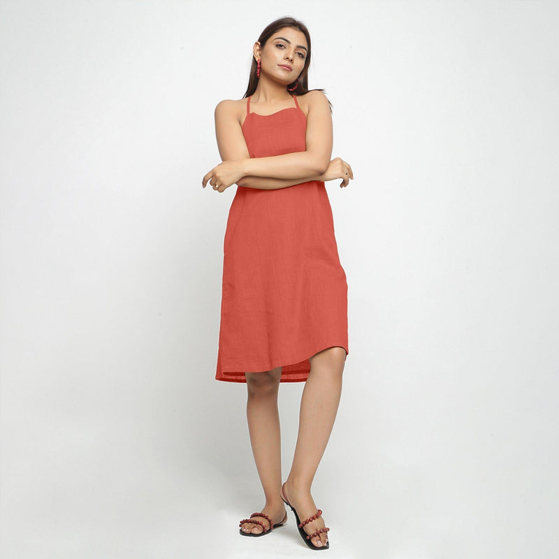 Buy Brick Red Knee Length Cotton Criss-Cross Dress Online at SeamsFriendly Buy Brick Red Knee Length Cotton Criss-Cross Dress Online at SeamsFriendly