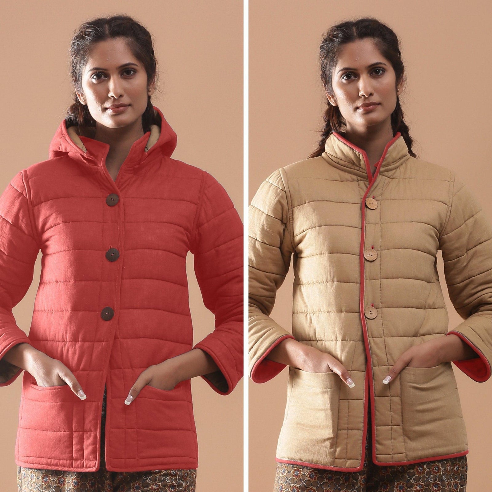 Buy Brick Red Reversible Detachable Quilted Cotton Hoodie Jacket