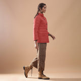 Right View of a Model wearing Brick Red Reversible Detachable Hoodie Quilted Cotton Jacket