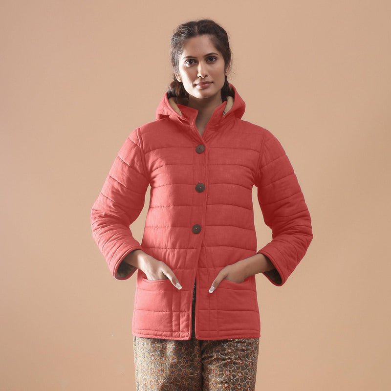 Front View of a Model wearing Brick Red Reversible Detachable Hoodie Quilted Cotton Jacket