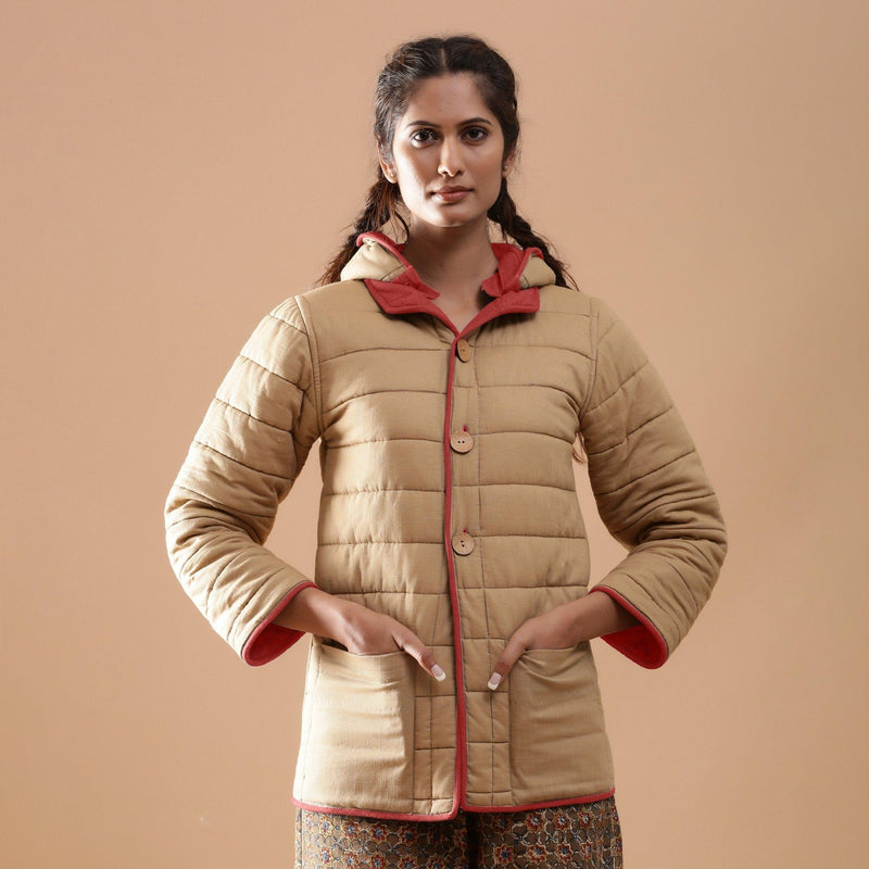 Front View of a Model wearing Brick Red Reversible Detachable Hoodie Quilted Cotton Jacket