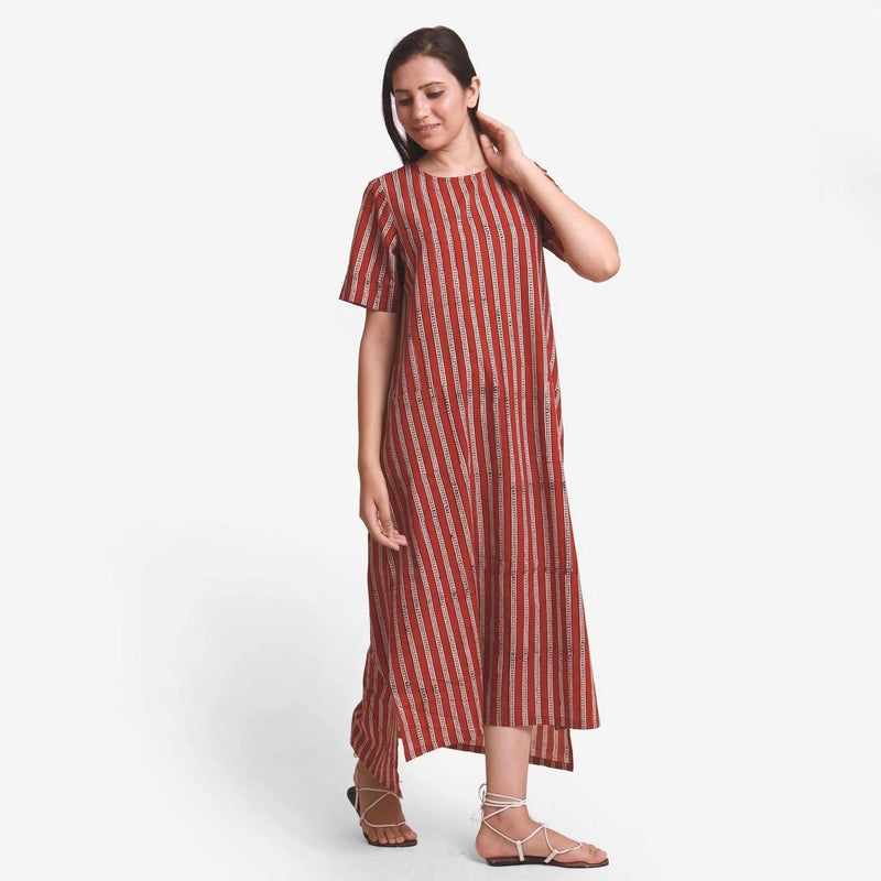 Front View of a Model wearing Brick Red Block Printed Maxi Dress