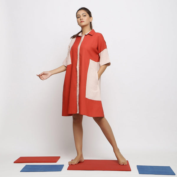 Brick Red Vegetable Dyed Cotton Button-Down Knee-Length Dress