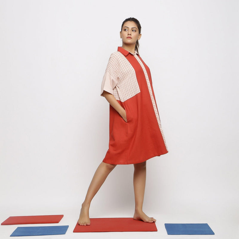 Brick Red Vegetable Dyed Cotton Button-Down Knee-Length Dress