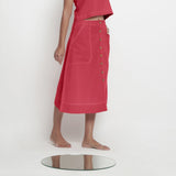 Right View of a Model wearing Brick Red Vegetable Dyed Button-Down Skirt