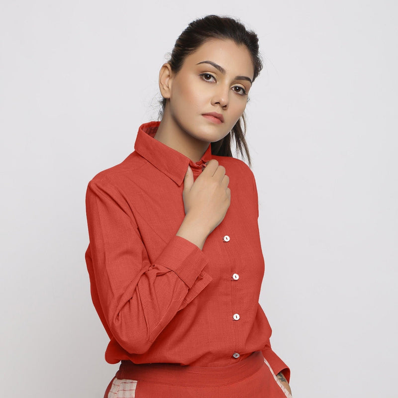 Right View of a Model wearing Brick Red Vegetable Dyed 100% Cotton Button-Down Shirt