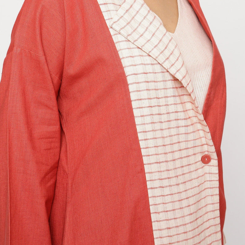 Right Detail of a Model wearing Vegetable Dyed Cotton Paneled Outerwear