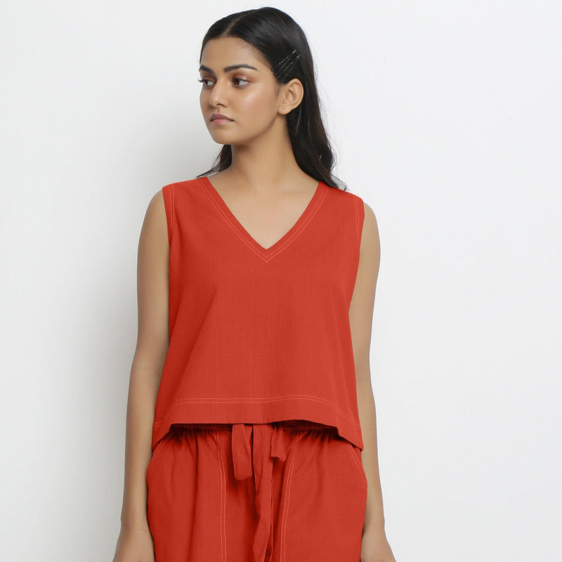 Front View of a Model wearing Brick Red Handspun Vegetable Dyed Crop Top