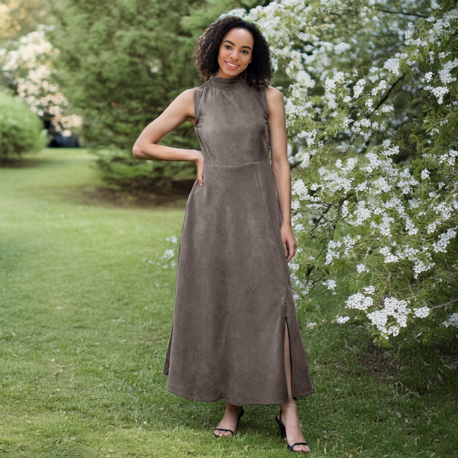 slim fit dress slacks Zapaka Women Grey Green Bridesmaid Dress with Slit Sheath Floral Print Long Square Neck Sleeveless Wedding Party Dress, Grey Green / US12