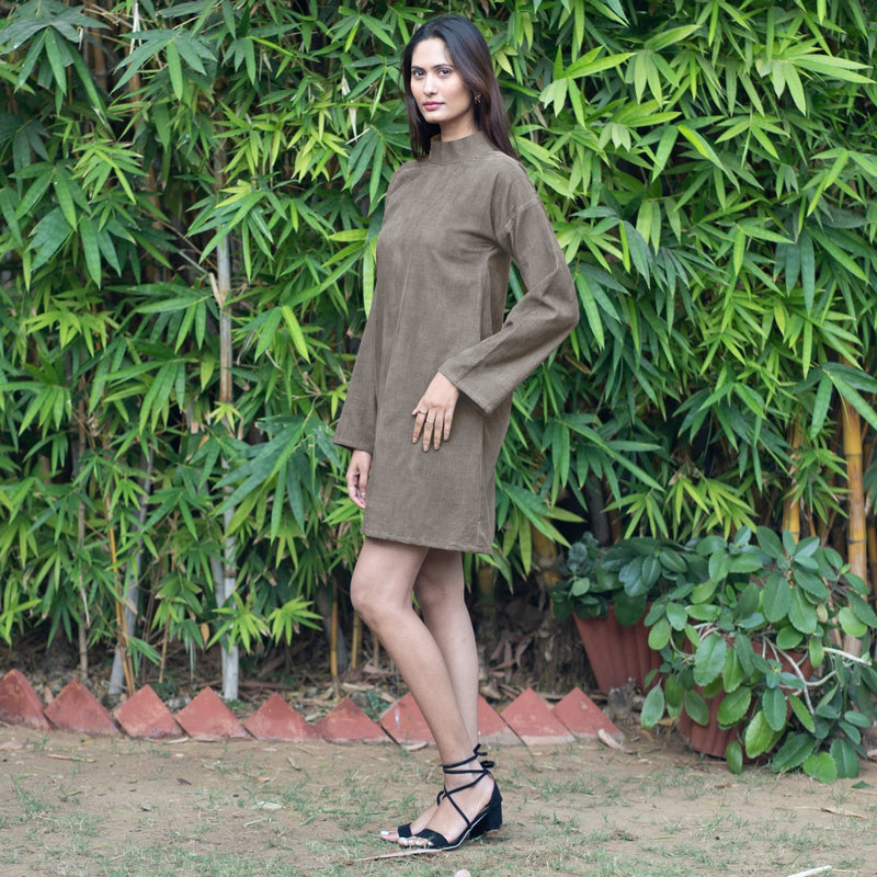 Bronze Grey Warm Cotton Corduroy A-Line Short Dress 26