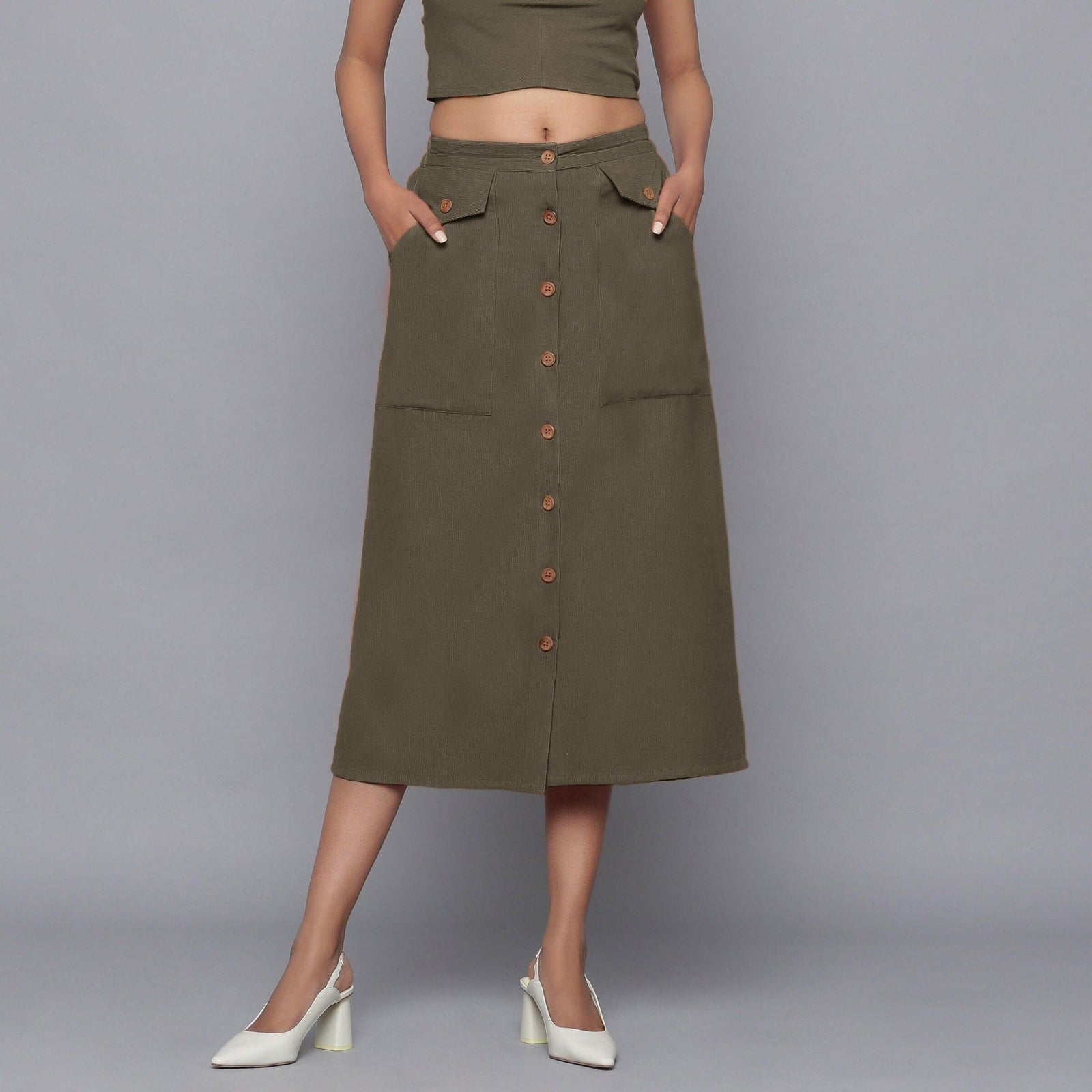 Buy Bronze Grey Warm Cotton Corduroy Button Down Midi Skirt Online at SeamsFriendly