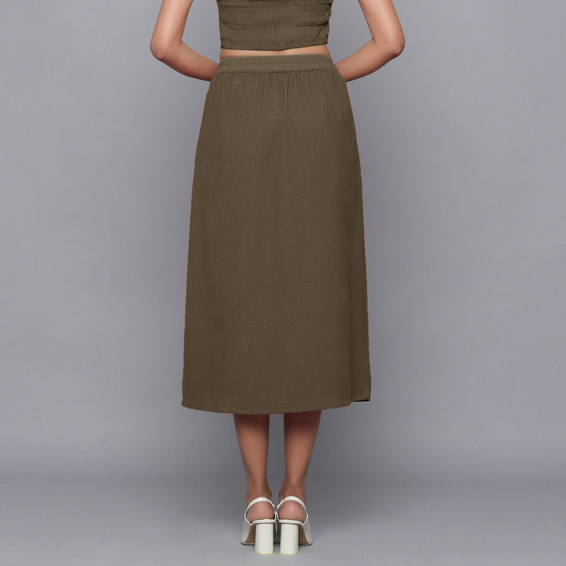 Bronze Grey Warm Cotton Corduroy Button-Down Midi Skirt