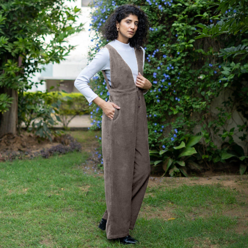 Bronze Grey Warm Cotton Corduroy Deep Neck Pinafore Jumpsuit