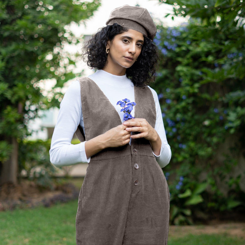 Bronze Grey Warm Cotton Corduroy Deep Neck Pinafore Jumpsuit