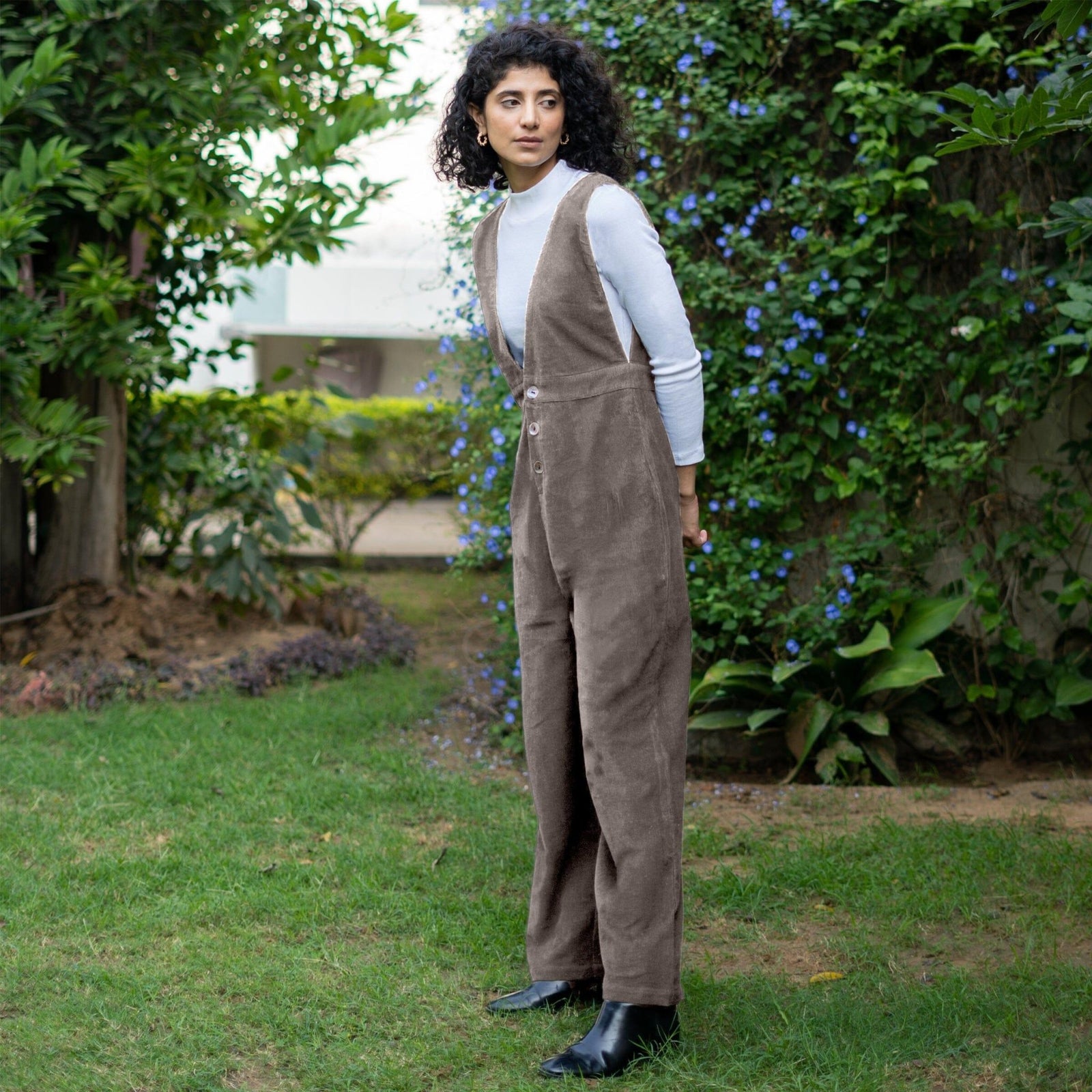 Buy Bronze Grey Warm Cotton Corduroy Deep Neck Pinafore Jumpsuit