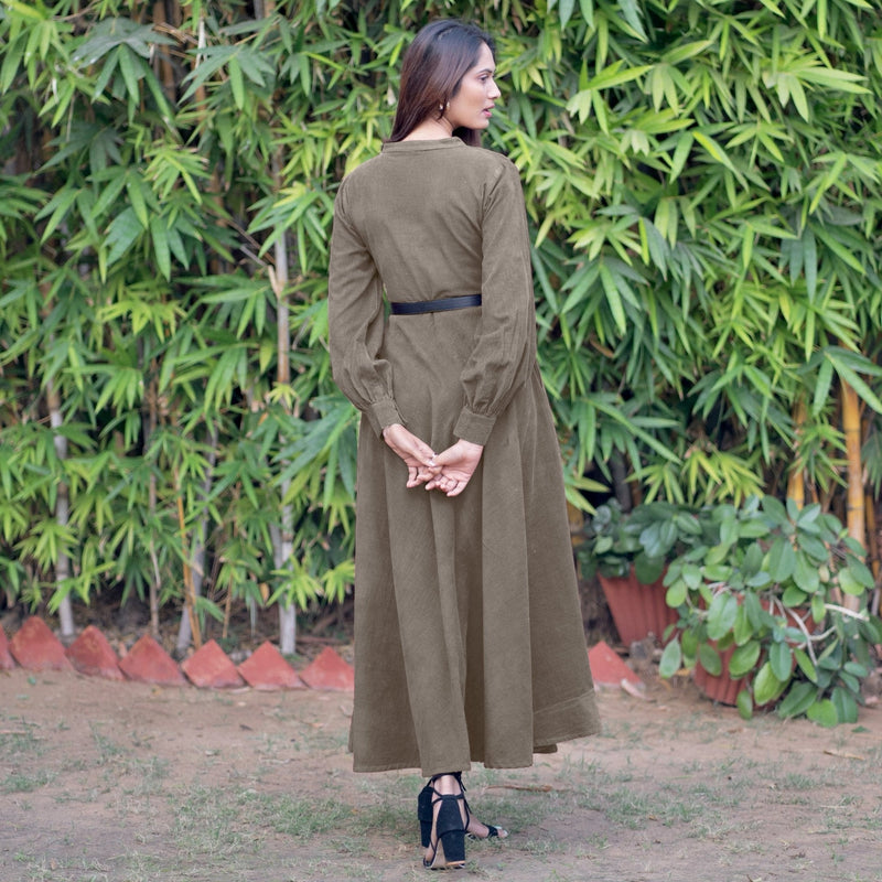 Bronze Grey Warm Cotton Corduroy Fit and Flare Maxi Dress 36" / Custom Height (Free) Bronze Grey Warm Cotton Corduroy Fit and Flare Maxi Dress 36" / Custom Height (Free)