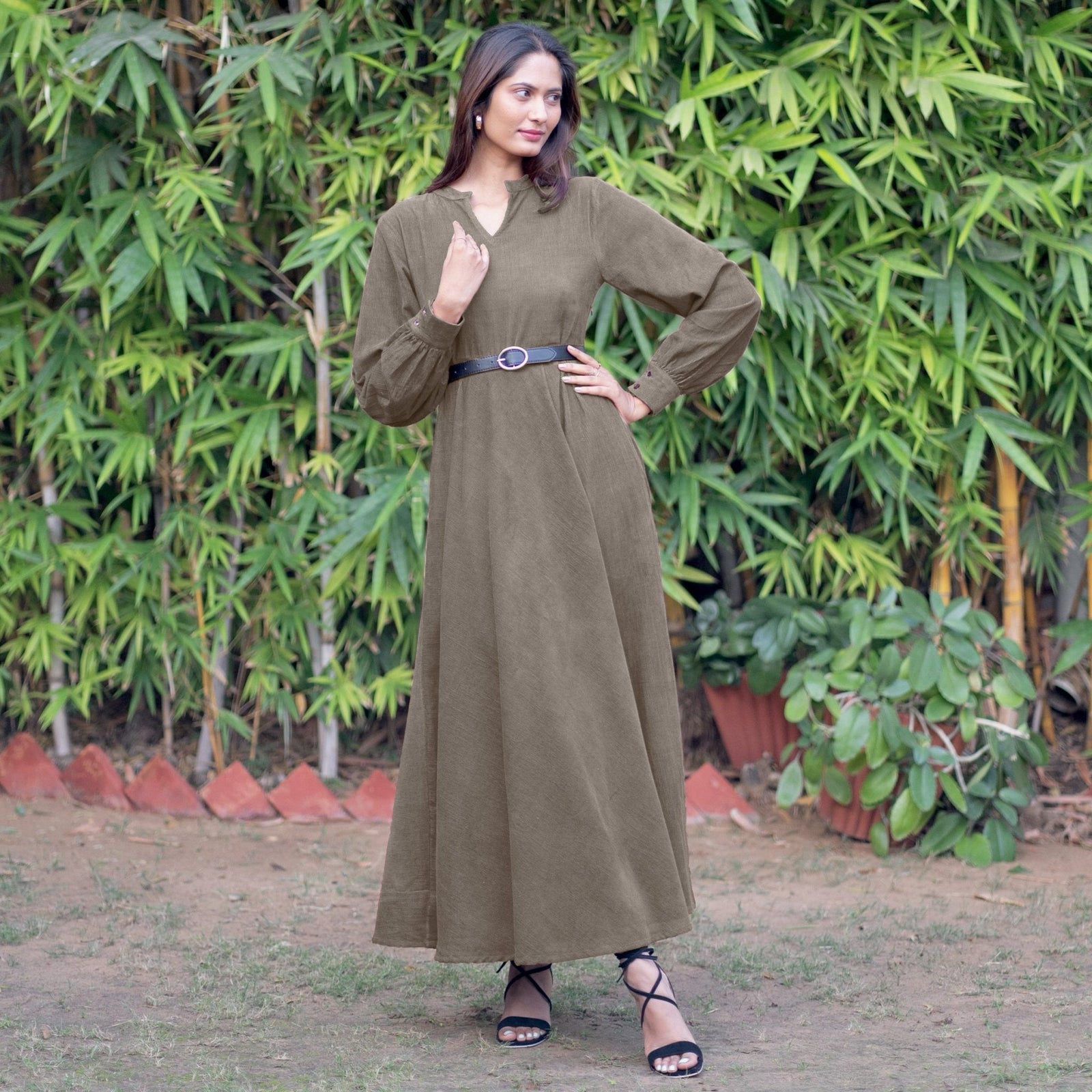 Bronze Grey Warm Cotton Corduroy Fit and Flare Maxi Dress 26