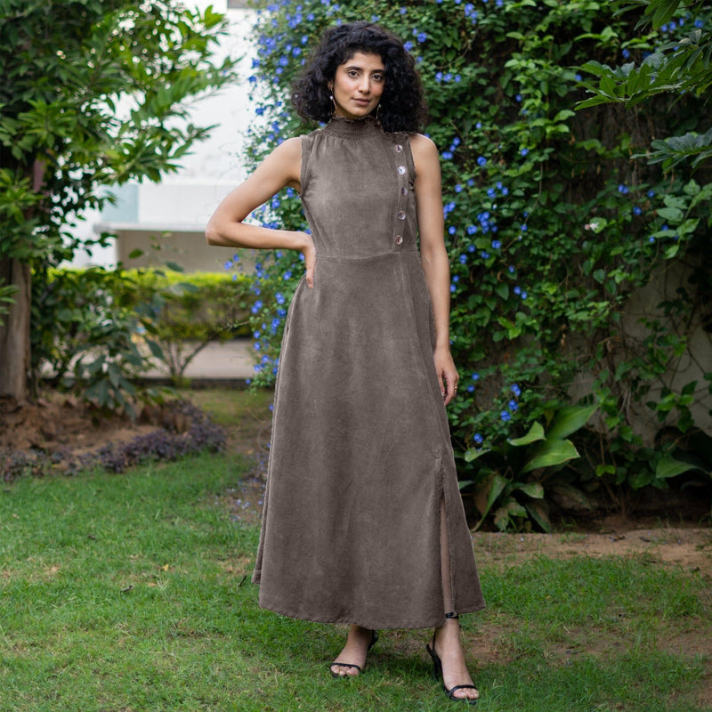 Bronze Grey Warm Cotton Corduroy High-Neck Sleeveless Slit Dress