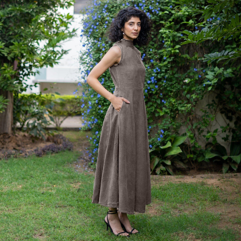 Bronze Grey Warm Cotton Corduroy High-Neck Sleeveless Slit Dress