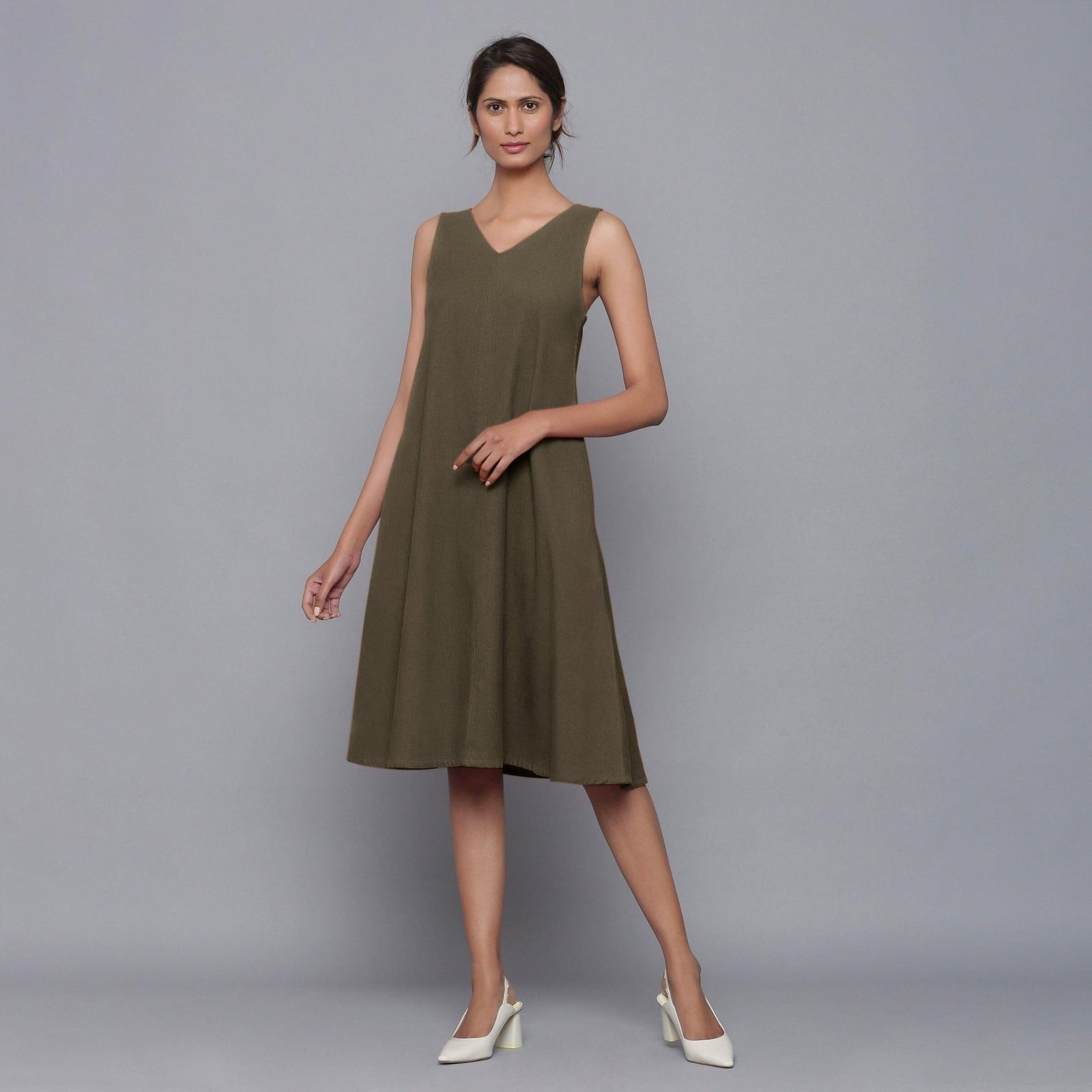 Bronze Grey Warm Cotton Corduroy Knee Length Flared Dress 42