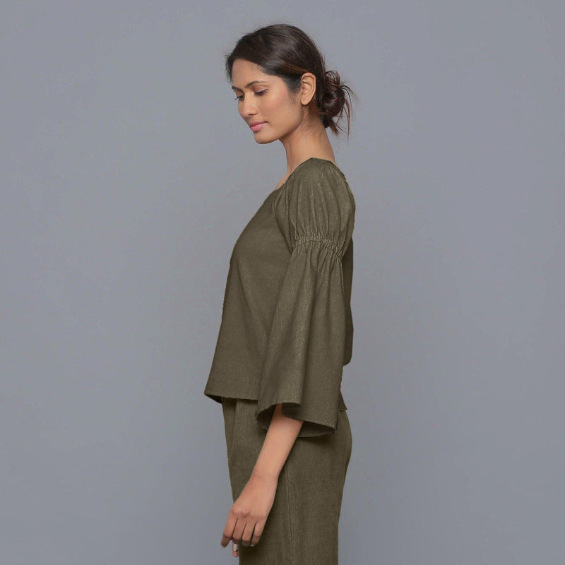 Bronze Grey Warm Cotton Corduroy Off-Shoulder Top