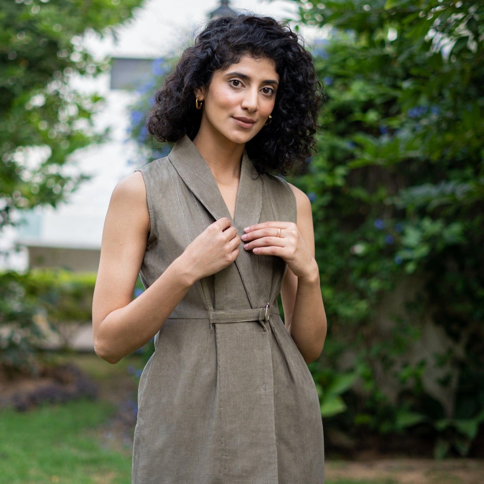 Bronze Grey Warm Cotton Corduroy Sleeveless Midi Blazer Dress 70