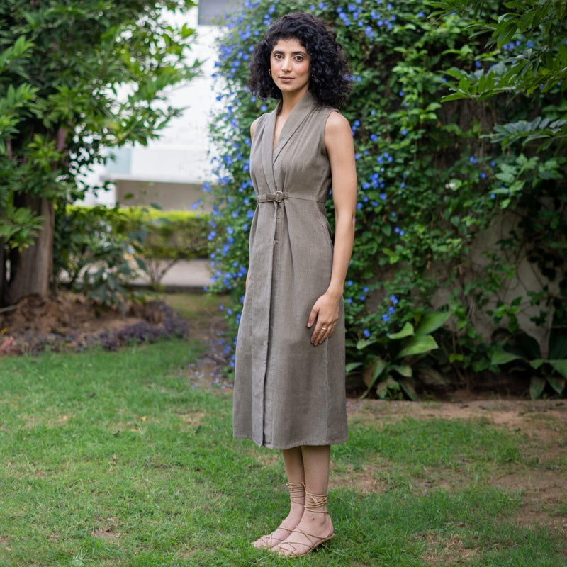 Bronze Grey Warm Cotton Corduroy Sleeveless Midi Blazer Dress 70 Bronze Grey Warm Cotton Corduroy Sleeveless Midi Blazer Dress 70