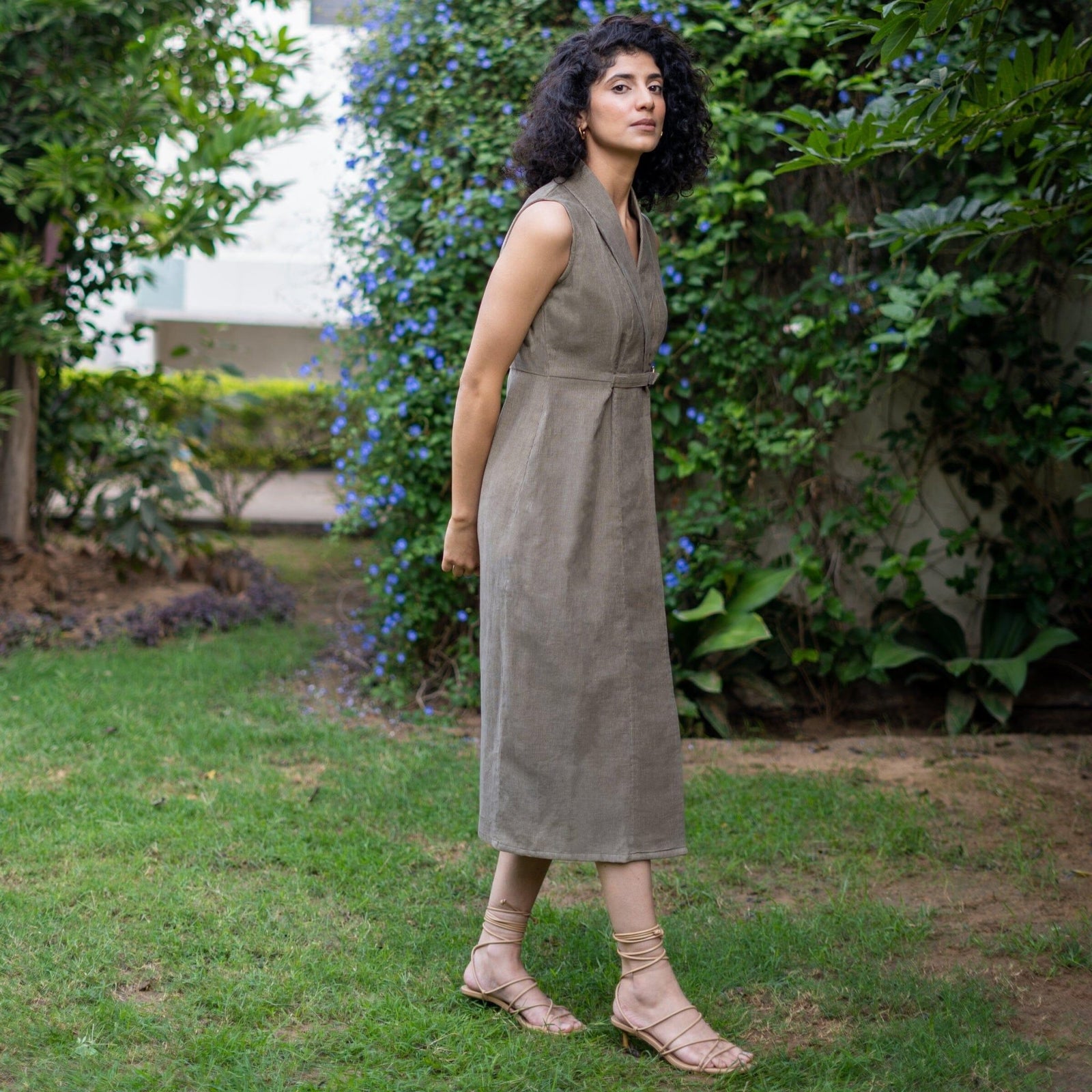 Bronze Grey Warm Cotton Corduroy Sleeveless Midi Blazer Dress 70
