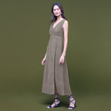 Bronze Grey Warm Cotton Corduroy Sleeveless Midi Wrap Dress
