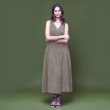 Bronze Grey Warm Cotton Corduroy Sleeveless Midi Wrap Dress