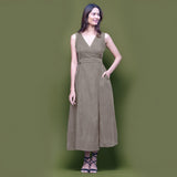Bronze Grey Warm Cotton Corduroy Sleeveless Midi Wrap Dress