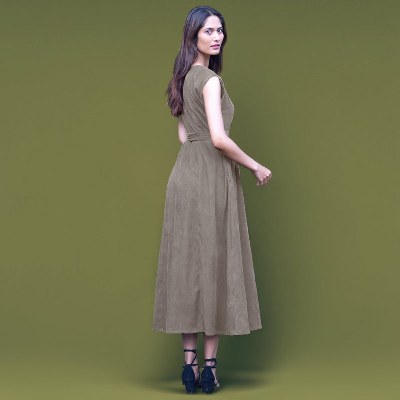 Bronze Grey Warm Cotton Corduroy Sleeveless Midi Wrap Dress