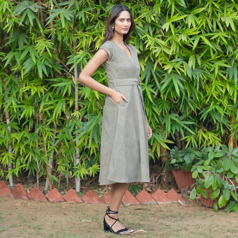 fit and flare midi dress with v neck Bronze Grey Warm Cotton Corduroy V-Neck Fit and Flare Midi Dress 48" / Regular (5'2"
