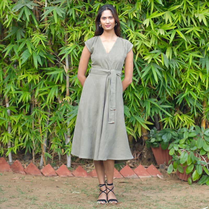 Bronze Grey Warm Cotton Corduroy V-Neck Fit and Flare Midi Dress